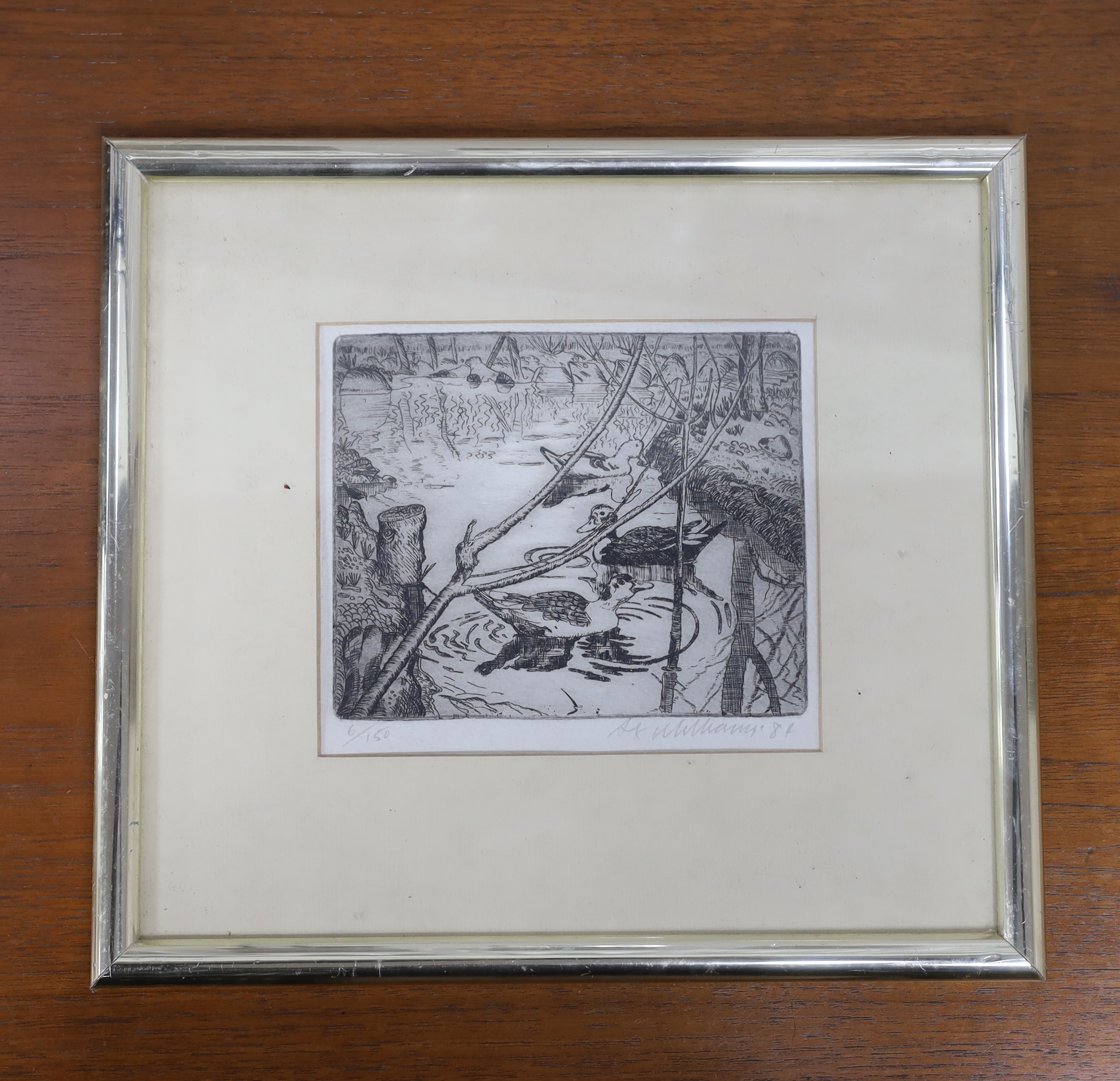 Alex Williams, etching, Ducks on the water, signed and dated '84, 6/150, 12 x 15cm
